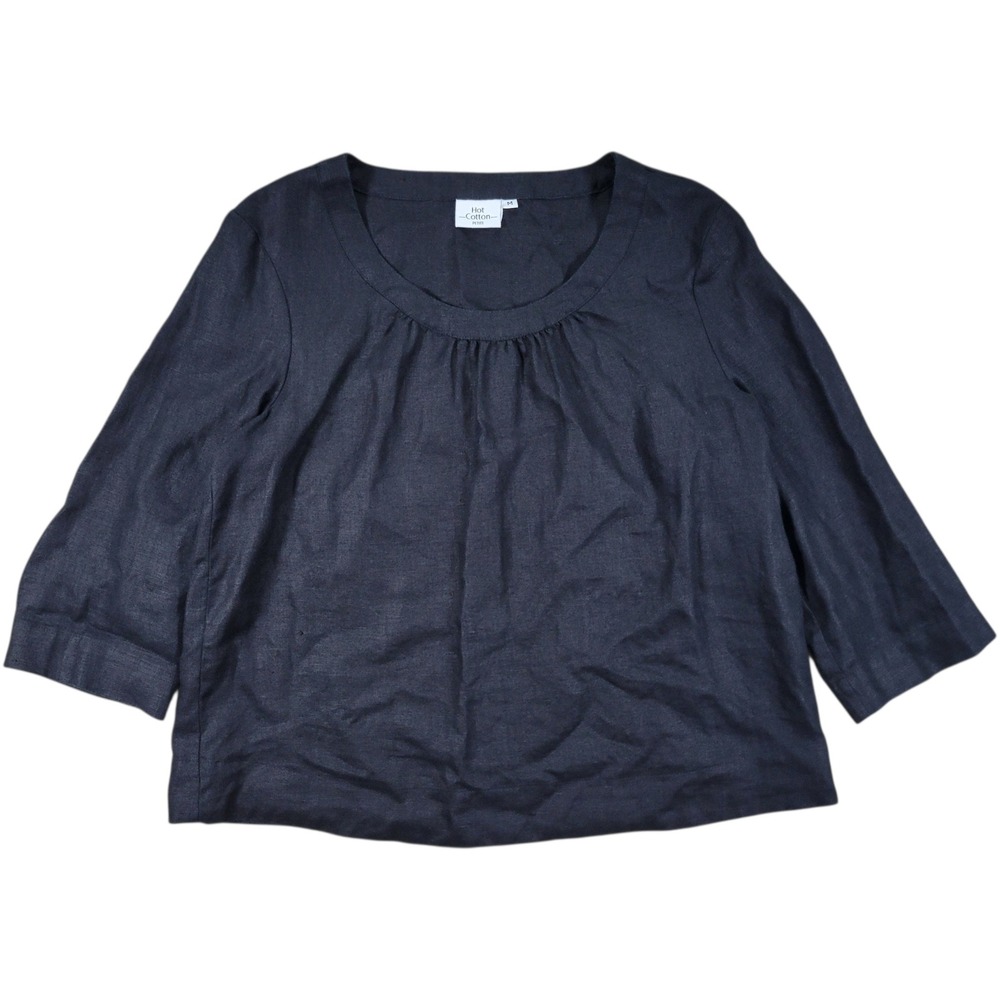 Hot Cotton Top Womens M Petite Black Linen 3/4‎ Sleeve Pleated Neck Minimalist